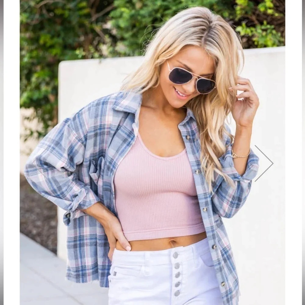 NWOT Pink Lily‎ Womens Large Miles Away Blue Plaid Oversized Button Down Shirt L
